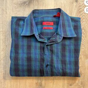 HUGO by Hugo Boss Red Label Blue Plaid Slim Fit Shirt Mens Large